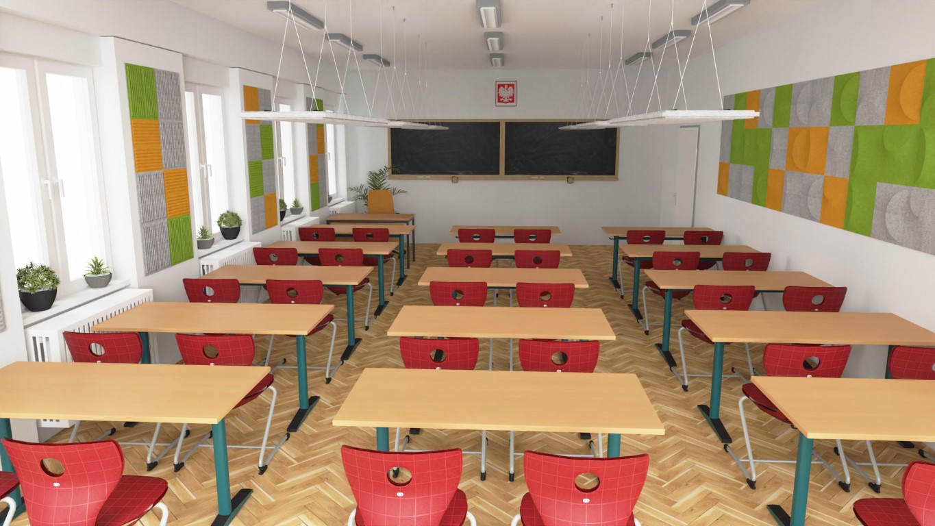 sala lekcyjna z panelami akustycznymi